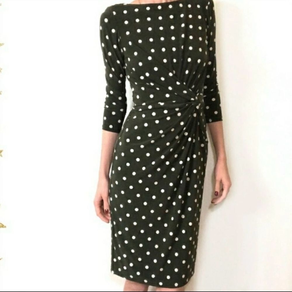 Lauren Ralph Lauren Olive Green Polka Dot Twist-Waist Long Sleeve Dress Size 4
